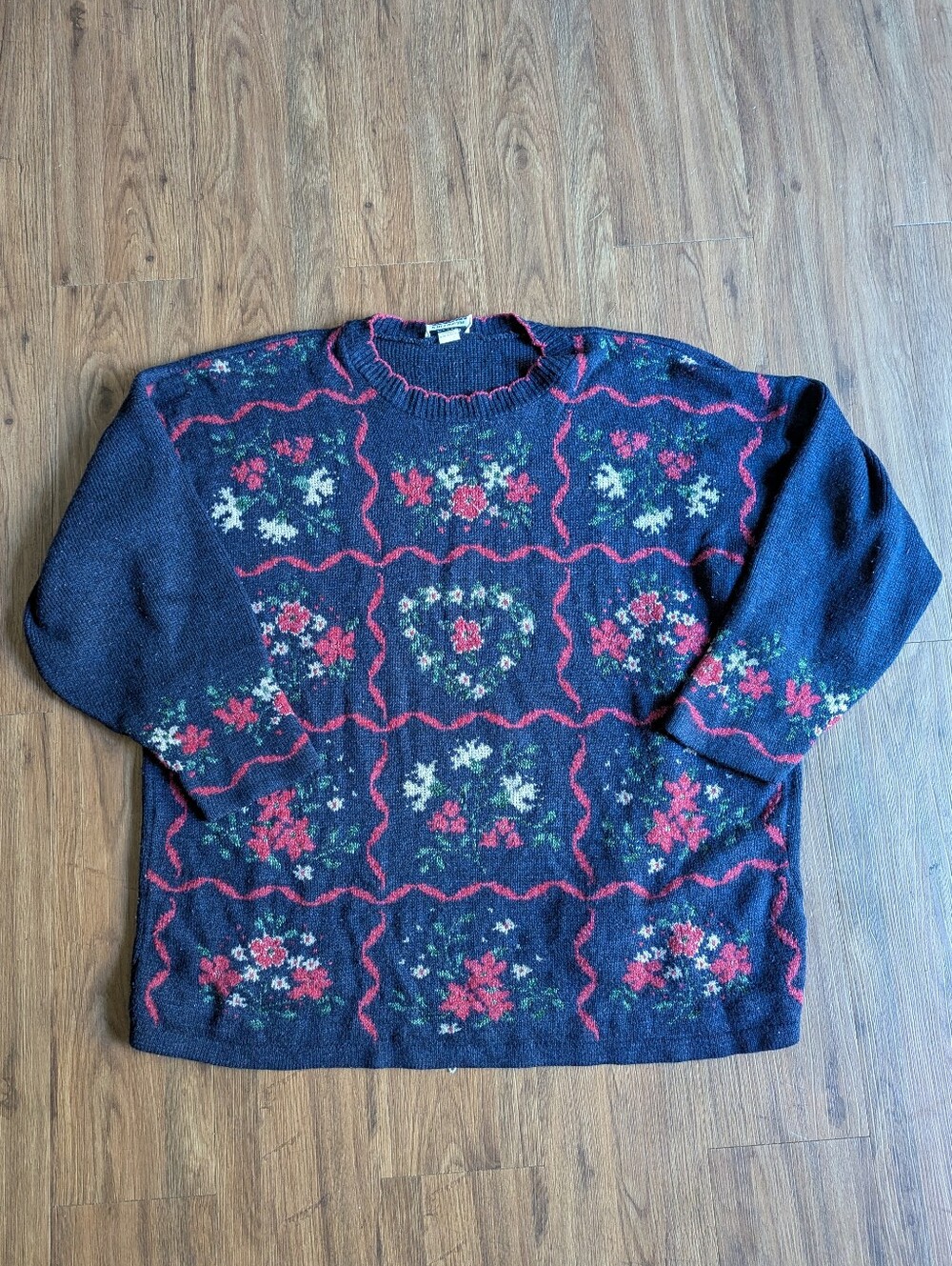Adele Knitwear Women's Navy And Pink Floral Crewneck Sweater Sz 3x